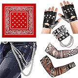 Punk Gothic Rocker Kit 70er 80er 90er Jahre Schwermetall Disco Kostüm Zubehör mit Punk Bandanas Handschuhe Punk Kette Lederarmband und Arm Fake Tattoo Ärmel Cover für Männer Frauen Punk Rock