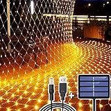 204 LED Lichternetz, 3M x 2M Lichterkette Netzlicht Solar/USB-Betrieben, Wasserdichte Mesh Lichtervorhang, Christbaum Lichterkette für Weihnachten Party Garten Indoor Draussen Dekorationen - Warmweiß