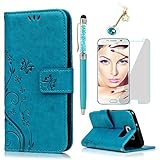 Samsung Galaxy S6 Hülle KASOS Handyhülle für Galaxy S6 Flip Case Ledertasche Schutzhülle Leder Huelle Stand Halter Magnetverschluss Schmetterling Blumen ,Blau + Schutzfolie + Stöpsel + Sty