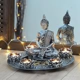 INtrenDU Buddha Dekoteller Silber mit Teelichthaltern und Deko-S