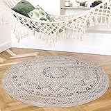 payé Teppich Rund Wohnzimmer - Beige Grau - 200x200cm Mandala Deko Boho Kurzflor Schlafzimmer Dekoration Läufer - Orientalische Tepp