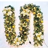 Nsfuetre Weihnachtsgirlandendekorationen,2,7M Kranzgirlandendekorationen Weihnachten für Kamintreppen,Weihnachtsgirlanden mit Lichtern,Rote Blume und Roter Ball, Urlaub, Hochzeitsfeier Dek