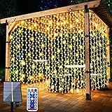 Solar Lichtervorhang Aussen, FANSIR 3 X 3m 300 LED Lichterketten Vorhang 8 Modi Fernbedienung Wasserdicht Solar Lichterketten Aussen für Gartendeko Balkon Hochzeit Weihnachten Innen (Warmweiß)