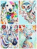 Qhui Diamond Painting Set, 5D Diamant Painting Bilder für Erwachsene Und Kinder, 4 Pack Diamant Malerei Hund Eule Hirsch Pferd, Full Drill Strass Stickerei Kreuzstich Set für Home Wall Decor (30x40cm)