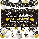 Recosis Abschlussfeier Dekoration, Schwarz Gold Congrats Grad Abschluss Banner Foto Requisiten Hintergrund Kuchen Topper Abschluss Spiralen Abschlussballons für Studium Universität Hochschule Ab