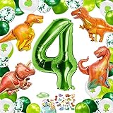 Dinosaurier Geburstagdeko, Dino Kindergeburtstag Deko Jungen 4 Jahr Luftballons Grün, Folienballon Zahlenballon 4 mit Dinosaurier Folienballons für Kinder Dschungel Party Dek