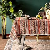 Lanqinglv Bohemian Tischdecke 140x180cm mit Quaste Baumwolle und Leinen Abwaschbar Rot Bunt Indisch Vintage Rechteckig Gartentischdecke Küchentischabdeckung für Sp