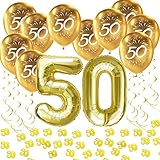 Oblique Unique® 50. Geburtstag Goldene Hochzeit Jubiläum Party Feier Deko Set - Folien Ballons Zahl 50 + Luftballons + Konfetti + Deckenhänger Spiral Girlanden - G