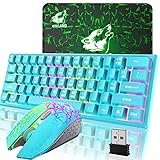 60% Wireless Gaming Tastatur und Maus Combo Set 2,4 GHz Wiederaufladbare 38000 mAh 61 Tasten Kompakttastatur mit Rainbow LED Hintergrundbeleuchtung + 2400 DPI 6 Tasten Rainbow LED Silent Mouse (Blau)