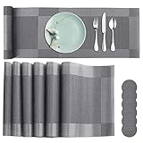 Tischset, Platzsets 6er Set - rutschfest Abwaschbar Tischsets - PVC Hitzebeständig Platzdeckchen - Kommt mit Passendem Tischläufer und Untersetzer - Platz-Matten für Küche and Restaurant（Silber）