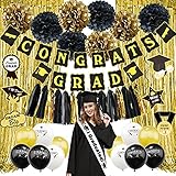 Zerodeco Abschlussfeier Deko, Schwarz Gold Congrats Grad Banner Pompoms Folie Vorhang I Graduated Schärpe Abschluss Spiralen Luftballon für Studium Universität Hochschule Abitur Party Dek