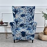 Highdi 2 Teilig Ohrensessel Überzug, Sessel-Überwürfe Ohrensessel Schonbezüge Bezug Sesselhusse Elastisch Stretch Tiger Stuhlbezug mit Armlehne Hohe Rückenlehne Universal (Blauer Jacquard)