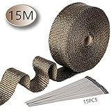 Smarcy Hitzeschutzband Basaltfaser Auspuffband 15M x 50MM 15 Stück Kabelbinder, für Fächerkrümmer Thermoband Krümmerband Hitzeschutz bis 1000°C für Auto Motorrad Auspuff, Braunes Messing