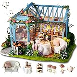 GuDoQi DIY Puppenhaus Miniatur Kit, 3D Hölzernes Puppenhaus Bausatz mit Möbeln und Musik, Handgefertigte Modellbausätze für Frauen und Sammler, Tee Garten Shop