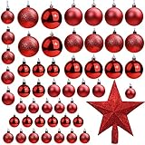 Belle Vous Weihnachtskugeln (50Stk) - Roter Christbaumschmuck, Glitzer Kugeln Verschiedene Größen mit Stern Baumspitze - Tannenbaum Kugeln Rot zum Aufhängen als Weihnachtsdeko Glitzer Innen & Auß