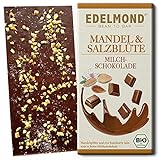 Edelmond Bio Mandel & Salz Milch-Schokolade mit gutem 54% Kakaoanteil. Passt toll zum Wein. Fair Trade Kakaobohnen und geröstete Mandel (1 Tafel)