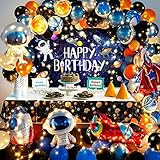 Babyparty-Geburtstagsfeier Dekoration für Jungen Raum Astronauten Luftballons Thema Poster Geburtstagsfeier Dekoration Blauer Hintergrund Mit Lichterkette für Kinder - Alle Insgesamt 103 Stk