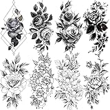LAROI 8 Blätter Vivid Blütenblatt 3D Blume Rose Erwachsene Temporäre Tattoos Frauen Wasserdicht Gefälscht Arm Beine Skizze Realistische Schwarze Tattoos Aufkleber Für Mädchen Schulter Temporäre T