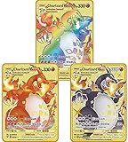 Seltene Pokemon-Karte, Sammlerstück, Metall, goldfarben, tolles Geburtstagsgeschenk für Mädchen und Jungen, 3 Charizard Vmax, 3 Stück Neb