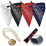 Ilovefancydress Tupac Durag mit falscher Blut, Gesichtsfarbe und goldfarbener Medaillon-Halskette, Weiß