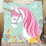 Chickwin Tagesdecke Bettüberwurf Gesteppt, Einhorn Drucken Mikrofaser Tagesdecke Schlafzimmer Steppdecke Decke Überwurf Wohnzimmer Sofaüberwurf für Einzelbett Doppelbett (Vogelblume,200x230cm)