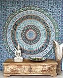 GURU SHOP Boho-Style Wandbehang, Indische Tagesdecke Mandala Druck- Blau/grün, Mehrfarbig, Baumwolle, 225x205 cm, Bettüberwurf, Sofa Überw