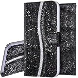 Surakey Schutzhülle für Samsung Galaxy S8 Hülle Glitzer Handyhülle Bling Glitzer Handytasche Klapphülle PU Tasche Leder Glänzend Diamant Flip Case Brieftasche Wallet Case Kartenfächer, Schw