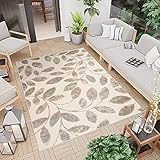 TAPISO Patio Teppich Terrasse Matte Küche Wohnzimmer Outdoor Indoor Modern Design 3D Beige Grau Creme Blätter Sisal Optik Strapazierfähig 80 x 150