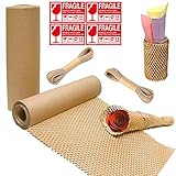 Wabenpapier-Rolle, Schutzpapier-Set, 30 cm x 20 m, umweltfreundliche Verpackung, Wabenpolsterungspapier mit 2 Hanfseilen und 48 zerbrechlichen Aufkleber-Etiketten, Packpapier für Umzüg