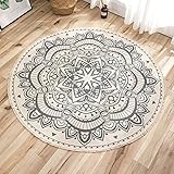 HASUNY Weben Teppich Rund Baumwollteppich Mandala rutschfest Teppich Mit Quasten Ideal Für Wohnzimmer Büro Schlafzimmer Kinderzimmer,Beige,180