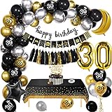 30 Geburtstag Deko Frauen Männer, 30 Geburtstag Deko Schwarz Gold, 30.Geburtstagsdeko Mann Frau, Luftballons Party Deko, Happy Birthday Deko Schwarz Gold Tischdeko Geburtstag für Männer F