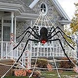 Halloween Deko Spinne mit roten LED-Augen und gruseligem Sound, 1,2m große Spinne, 5m Spinnennetz, 20g Dehnbare Spinnenseide, 10 kleine Plastikspinne, Halloween Deko Garten Horror Spinne R