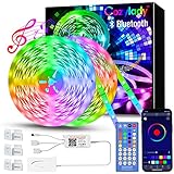 Cozylady Bluetooth LED Strip 15m, Smart APP Steuerbar Musik LED Lichterkette Farbwechsel LED Streifen, 5050 RGB LED Leiste mit Netzteil und Fernbedienung