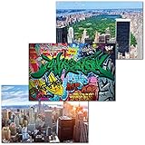 GREAT ART® Set mit 3 Kinder-Poster – City Feeling – Junge Mädchen Kindergarten Zimmer Graffiti NewYork Foto-Plakat Dekor Wand-Bild Inneneinrichtung (Din A2 - 42 x 59,4)