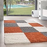 Shaggy Hochflor Langflor Teppich Wohnzimmer Carpet Farben & Formen Karo Kariert!, Größe:200x290 cm, Farbe:Orang