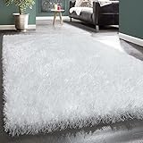 Paco Home Moderner Wohnzimmer Shaggy Hochflor Teppich Soft Garn In Uni Weiß, Grösse:140x200
