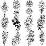 COKTAK 12 Blätter Schwarz Skizzieren Blumen Temporäre Tattoos Frauen Sexy Skizze Rose Pfingstrose Mandala Blume Fake Tattoos Mädchen Wasserfest Temporary Tattoos Zum Aufkleben Auf Die Haut S