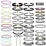 Choker Halskette Set,MZSM Choker Halsband,40 Pcs Choker Halsketten Set,Tattoo Halskette,Velvet Choker Kette,Gothic Halskette Schwarz Halsband Tattoo für Damen M