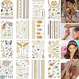 Temporäre Tattoos Gold16 Blätter Metallic Flash tattoos in Gold&Silver,Metallic Temporäre Tattoo,Flash Tattoos Silber & Schwarz Temporäre Tätowierung Wasserdichte für Frauen Jugendliche M