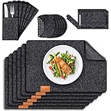 Filz Platzset Tischsets Abwaschbar 19er Set 6 Platzsets Untersetzer Bestecktaschen 1 Untersetzer Box-Platzset Abwischbar Beleg rutschfest（Dunkelgrau）