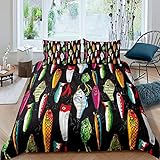 ETDWA Fisch Bettwäsche Set Bunte Fisch Bettbezug Super King Size Angelhaken Angeln Thema Tröster Abdeckung Set Meer Tier Bettbezug Schwarz Tagesdecke Abdeckung Für Kinder Jungen Mädchen T