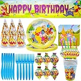 63Pcs Winnie Party Geschirr Set - simyron Thema Party Geschirr, Gebutstag Party Set Einschli ​Gabeln für Geburtstagsfeier Teller Tassen Servietten Strohhalme Tischdecken Wimpel Party Deko, Baby Show