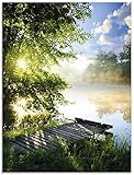 Artland Glasbilder Wandbild Glas Bild einteilig 60x80 cm Hochformat Natur Landschaft Wald Baum See Steg Sommer Sonne Gräser T0WD