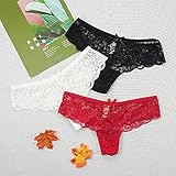 JNGHBH Damen Unterhosen Spitze Slips,Sexy Tanga Höschen Full Lace Tanga Transparente Unterhose Stretch G-String Aushöhlen Low Rise Hipster Bikini Dessous,3er Pack(schwarz/weiß/rosa),Mehrfarbig