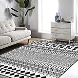 Boho-Teppich, 100 % gewebt, marokkanischer geometrischer Tribal-Teppich, fusselfrei, schmutzabweisend, für Wohnzimmer, Schlafzimmer, Küche, waschbar, Baumwolle, Quaste im Boho-Stil, Schwarz und Weiß