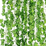 KASZOO® Efeu Künstlich Girlande, 12 Stück Grün Efeu mit Nylon Kabelbinder Pflanzen Efeuranke für Garten Hochzeit Party Wanddek