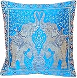 Ruwado Indische Banarasi Seide Deko Kissenbezüge 40 cm x 40 cm, Extravaganten Designs für Wohnzimmer und Schlafzimmer Dekoration - Doppel Elefant Muster 40 x 40 cm | 16 x 16 Zoll, Blau-4