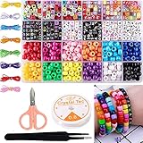 TEPENAR Bunte Perlen 8mm Pony Perlen und Buchstabenperlen Alphabet Perlen mit mit Elastische Schnur Pinzette Schere für Armband Haarband Halskette DIY