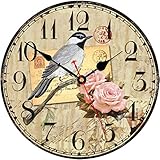 TAHEAT Vögel und Blumen Muster Wanduhr, Leise Nicht Ticken Blumen Uhren, Hölzern Runden Batteriebetrieben Leicht zu lesen Wanduhren für Küche/ Wohnzimmer/ Schlafzimmer/ Esszimmer Dekor, 34