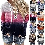 JIAYOUA Pullover Damen Kapuzenpullover Elegant V-Ausschnitt Kreuz Strickpullover mit Kapuze Frauen Krawatte Leopard Muster Hoodie Sweater Tops Casual Lose Pulli Langarm Jumper Ob